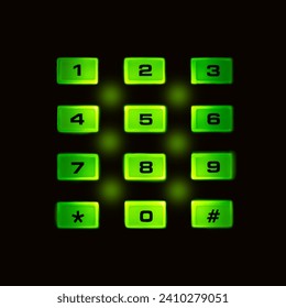 Numeric keypad on a black background. The buttons glow green. Square. Close-up. Background.