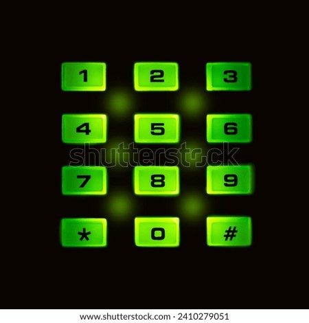 Numeric keypad on a black background. The buttons glow green. Square. Close-up. Background.