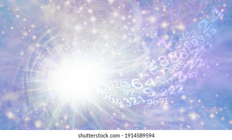 Numerology Vortex Ethereal Background - Bright white light burst rotating star with sparkles on ethereal pastel blue purple with a flow of random numbers spiraling towards the white light

