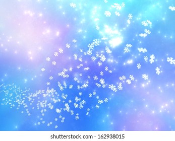 Numerous falling snowflakes on a pink and blue background, referring to concepts such as winter, seasonal weather, snow, as well as Christmas