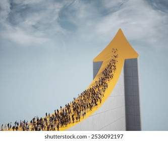 Numerous individuals are depicted ascending a large, yellow arrow symbolizing progress and achievement. This is a 3d render illustration - Powered by Shutterstock