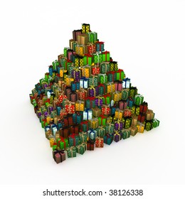 Numerous wrapped gift box 3d, isolated, vertical