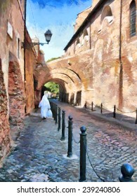 Nun In White Going Down By Street In Rome Painting