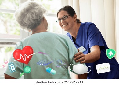 Nurse in blue scrubs smiling at elderly patient. Medical icons overlay. Healthcare, nurse, patient interaction. Caring nurse, elderly care, medical setting. Elderly healthcare mixed media. - Powered by Shutterstock