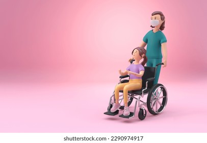 Nurse Carrying Patient on Wheelchair. 3D Illustration - Powered by Shutterstock