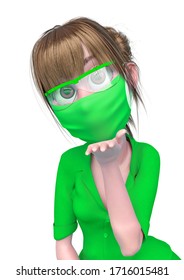 Nurse Cartoon Is Blowing A Kiss In White Background, 3d Illustration
