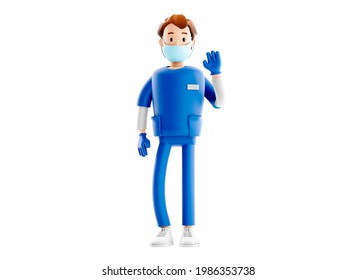 Nurse Cartoon Guy Character Posing Welcoming You Waving Hand. Smiling Handsome Doctor Medical 3d Illustration.