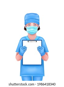 Nurse, Doctor, Medical Worker Holds Clipboard In Hands. Nurse In Blue Medical Uniform With Gloves And Mask Isolated On White Background. Digital Illustration, Cartoon Realism.