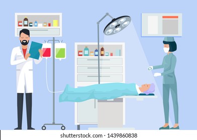Nurse and doctor in operation professional controls process health hospital room with light drop-bottle liquids raster illustration