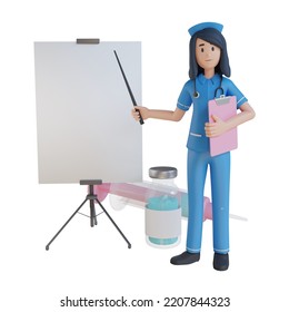 Nurse Explain Vaccine With A Blank White Board 3D Character Illustration