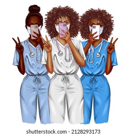 Nurse Selfie Illustration, Best Friends Clipart. Doctor Set On White Background. Portraits Of Black Female Medic Workers In Uniform With Stethoscopes And Masks. From Health Care Workers With Love.  