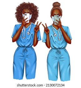 Nurse Selfie Illustration, Best Friends Clipart. Doctor Set On White Background. Portraits Of Black Female Medic Workers In Uniform With Stethoscopes And Masks. From Health Care Workers With Love.  