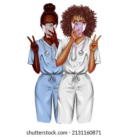 Nurse Selfie Illustration, Best Friends Clipart. Doctor Set On White Background. Portraits Of Black Female Medic Workers In Uniform With Stethoscopes And Masks. From Health Care Workers With Love.  