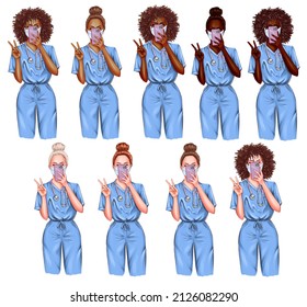 Nurse Selfie Illustration Set. Doctor Clip Art Set On White Background. Portraits Of Black And White Female Medic Workers In Uniform With Stethoscopes And Masks. From Health Care Workers With Love.  