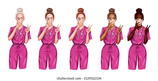 Nurse Selfie Illustration Set. Doctor Clip Art Set On White Background. Portraits Of Black And White Female Medic Workers In Uniform With Stethoscopes And Masks. From Health Care Workers With Love.  