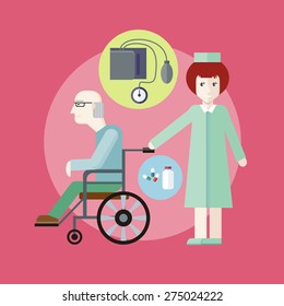 Nurse taking care of senior patient in wheelchair. Concept of care for pensioners in flat design style. Use for web banners, marketing and promotional materials, presentation templates. Raster version - Powered by Shutterstock