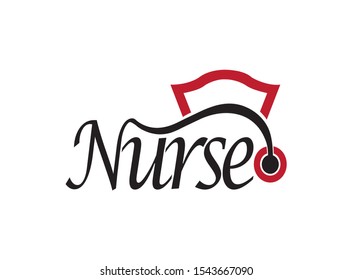 Nurse Text With A Stethoscope And Hat Logo Design Illustration On White Background