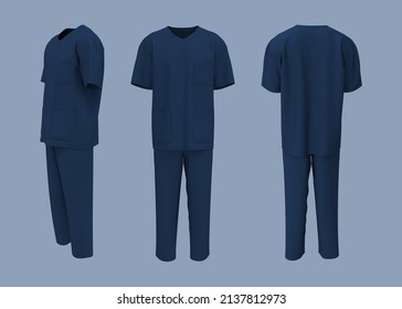 Nurse Uniform Mockup In Front, Back And Side Views. 3d Illustration, 3d Rendering