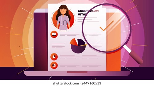 Nurse Woman's Professional Resume Being Expertly Reviewed on Laptop Screen with Magnifying Glass, With the legend "Curriculum Vitae". - Powered by Shutterstock