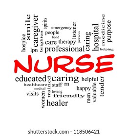 Nurse Word Cloud Concept in red and black letters with great terms such as rn, care, brighten, caring, helpful and more.