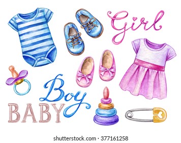 Nursery clip art set. Baby shower clip art, newborn girl and boy design elements, watercolor illustration isolated on white background  - Powered by Shutterstock