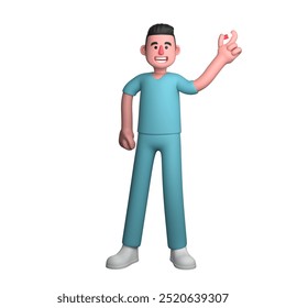 Nursing 3D Illustration. A male nurse is standing holding a medicine capsule in his left hand while smiling. Professional Male Nurse - Powered by Shutterstock