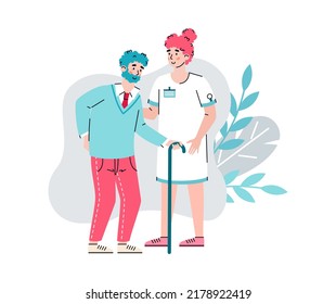 Nursing home nurse supporting elderly man, cartoon illustration isolated. - Powered by Shutterstock