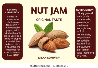 Nut jam label design with composition and serving suggestions 