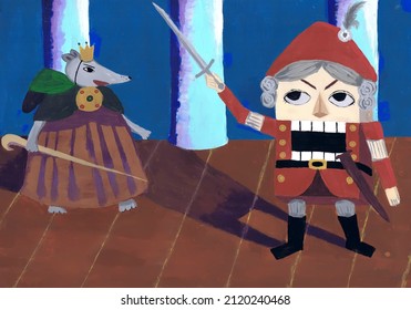 The nutcracker fights the Mouse King. Illustration of the tale of E. T. A. Hoffmann "The Nutcracker and the Mouse King." Children's drawing