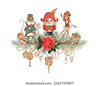 Nutcracker with fir branches, pine cones, holly, watercolor illustration. Forest plants for winter Christmas and New Year decoration isolated from background. Banner, frame, border