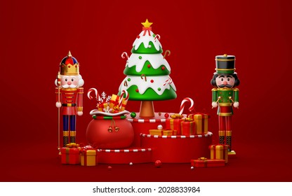 Nutcracker standing by Christmas tree and presents on podium, 3d illustration - Powered by Shutterstock