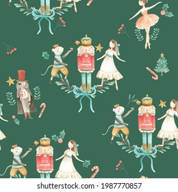 Nutcracker Watercolor Illustration Christmas Seamless Pattern