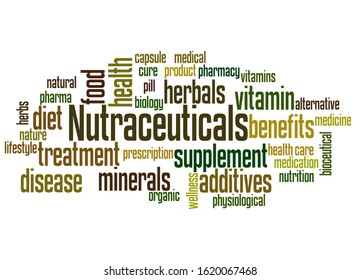 Nutraceuticals word cloud concept on white background.