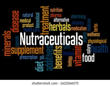 Nutraceuticals word cloud concept on black background.