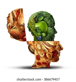 Nutrition Change Healthy Lifestyle Concept Changing Bad Eating Habits And From Unhealthy Junk Food To Fresh Fruits And Vegetables Shaped As An Open Human Head As An Icon For The New Healthy You.