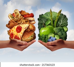 Nutrition Choice And Diet Decision Concept And Eating Dilemma Between Healthy Good Fresh Fruit And Vegetables Or Greasy Cholesterol Rich Fast Food With Two Hands Holding Meal Options.