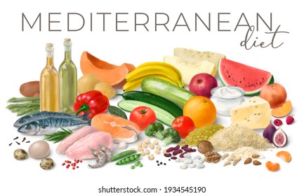 Nutrition Concept For Mediterranean Diet. Hand Drawn Illustration. Assortment Of Healthy Food Ingredients For Cooking.