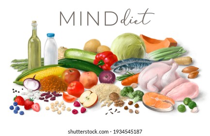 Nutrition Concept For MIND Diet. Hand Drawn Illustration. Assortment Of Healthy Food Ingredients For Cooking.