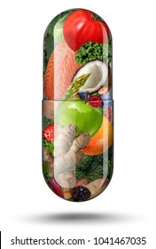 Nutrition supplements as a vitamin capsule with fruit vegetables nuts and beans inside a nutrient pill as a natural medicine health treatment with 3D illustration elements.