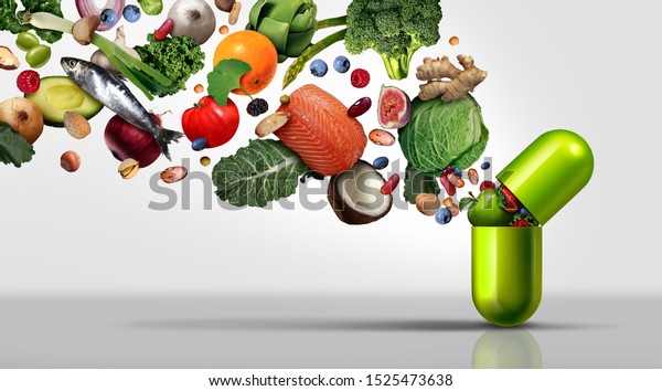 3dイラスト素材を用いた自然医療の健康療法として 栄養剤として 果物野菜のナッツと豆を入れたカプセルとして栄養補助食品とビタミン補給食品を使用 の イラスト素材