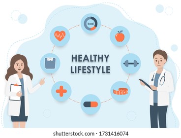 Nutritionist doctor or dietitian with stethoscope, clipboard and health icons on light blue background. Wellness healthy lifestyle, healthcare and nutrition diet plan concept. Flat style illustration. - Powered by Shutterstock