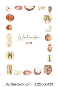 Nuts border design. Raw pecan, walnut, almond, pistachio, peanut, macadamia, hazelnut and cashew. Hand drawn watercolor illustration of organic food for packaging, label, card.