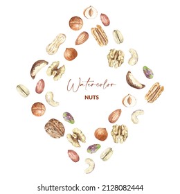 Nuts card design. Raw pecan, walnut, almond, pistachio, peanut, macadamia, hazelnut and cashew. Hand drawn watercolor illustration of organic food for packaging, label, card.