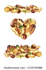 Nuts - letters made of watercolor drawn nuts. Set of illustrations of different sorts of nuts watercolor drawn. Pine nuts, pistachio, peanut, hazelnut, macadamia, pecan, cashew, Brazil nut, walnut