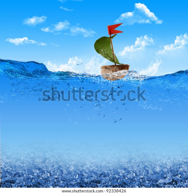 Nutshell Ship Green Leaf Sail Red Stock Illustration 92338426