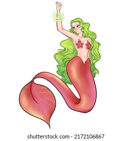 Nymph With A Bag Full Of Fish. Beauty Little Mermaid. Long Green Hair