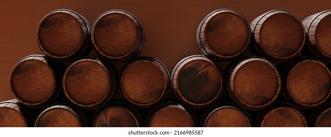 Oak Wood Barrel Background, Wine Beer Casks Stacked In A Dark Cellar. Rum Bourbon Storage. 3d Render

