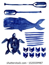 Oars, Turtle, Sperm Whale, Blue Stripes, Chevron. Nautical Set. Watercolor Drawn Illustration.