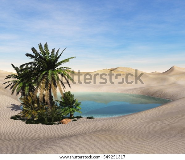 砂漠のオアシス ヤシの木と湖 3dレンダリング のイラスト素材