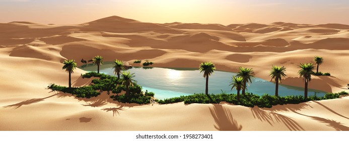 Oasis in the desert, palm trees in the desert near the water, pond with palm trees in the desert sand,,, 3d rendering